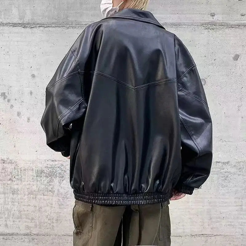 saferido Oversized VIntage Men's Leather Jackets PU Biker Coat Autumn Faux Leather Bomber Jacket 90s Big Pockets Windbreaker Overcoat