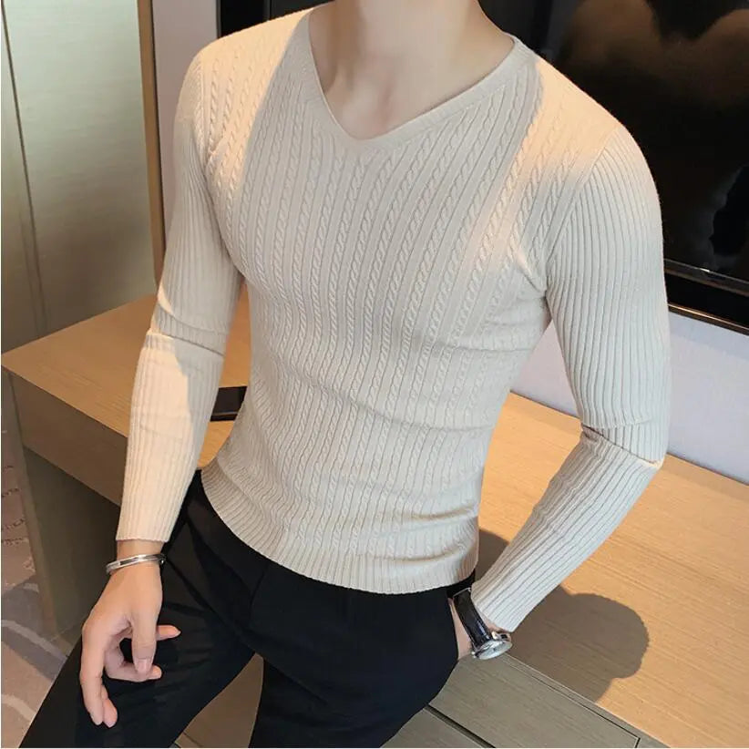 Winter Sweaters Men Korean Fashion Streetwear V-Neck Sweaters Solid Color Men Cashmere Sweater Woolen Slim Trends S-3XL