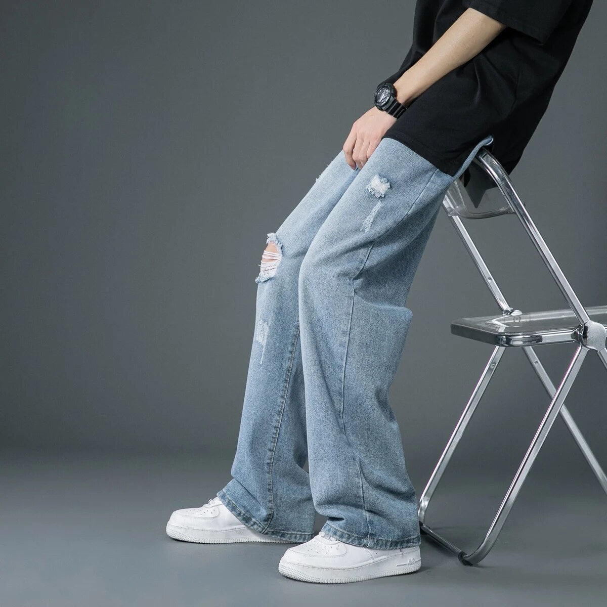 Spring and Summer New Style Is Thin Ripped Jeans Korean Street Fashion Loose Denim Trousers Baggy Blue Casual Pants