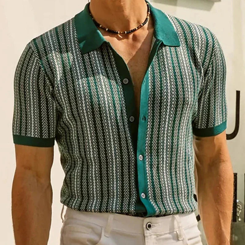 Summer Men's Luxury Knitted Printed Shirt Fashion Short Sleeve Button-down Shirts for Men Vintage Business Leisure Knitwear