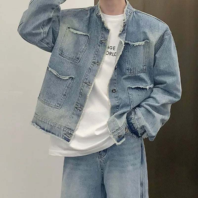 Men's Casual Washed Denim Jacket Streetwear Ripped Stand Collar Texture Korean Harajuku Retro Long Sleeve Luxury Coat New