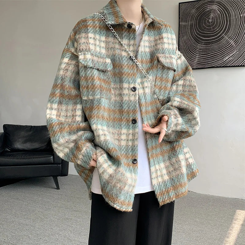 saferido Winter Short Woolen Coat Men Retro Thickened Woolen Jacket Men Korean Loose Plaid Woolen Coat Men Oversized Thick Jackets M-2XL