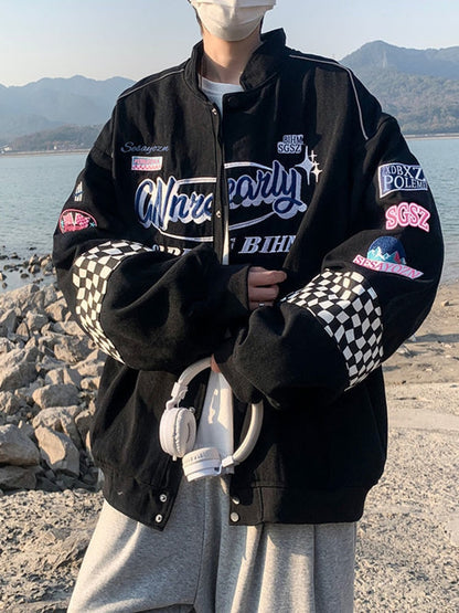 Embroidery Fashion Streetwear Racer Jackets Men Women Y2K HipHop Motorcycle Plaid Vintage Bomber Harajuku Autumn Jackets Coat