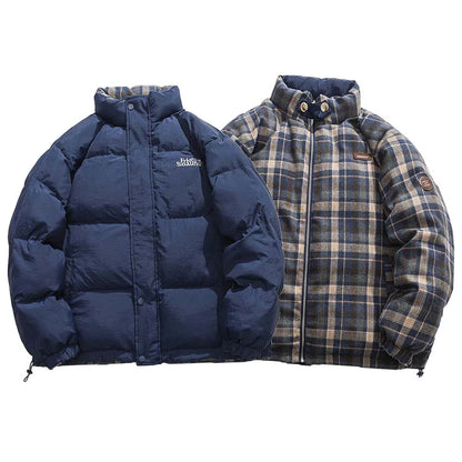 Vintage Double-sided Jacket Parka Men Women Cropped Plaid winter Thicken Stand Collar Loose Coat Street Outwear Lightweight New