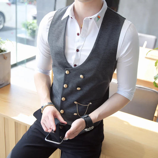 saferido British Style Men's Spring Double-Breasted Suit Vest/Male Slim Fit Fashion Casual Dress Suit Vest Plus size S-5XL