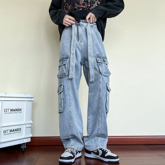 Multi-pocket American work clothes jeans Men's autumn and winter fashion brand ruffian handsome hip-hop high street loose