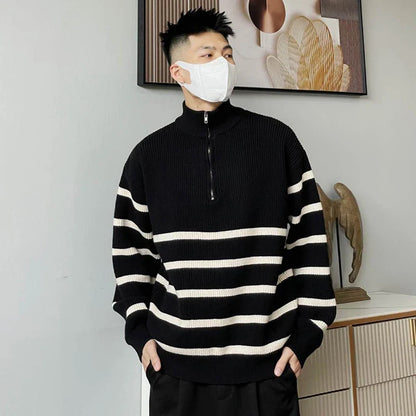 saferido Men's Business Zip-up Knit Sweater Male Coat Zipper Striped Jacket Collared Pullovers Casual T Shirt Korean Fashion Neck