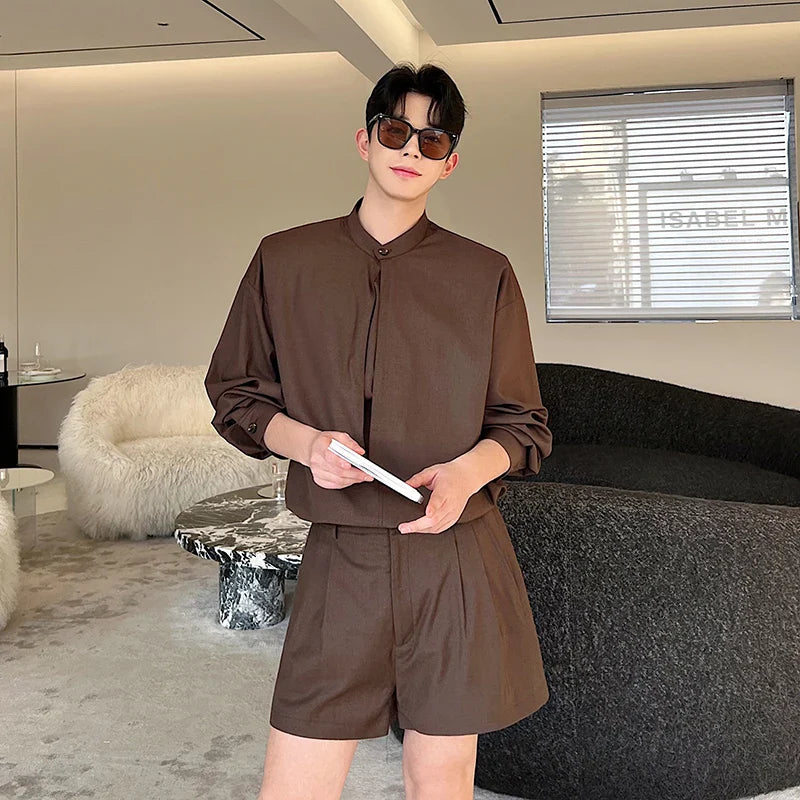 saferido Korea Fashion Spring Male Casual Casual Set Solid Color Personality Lapel Short Sleeve Men's Short Pants Top 2-piece set