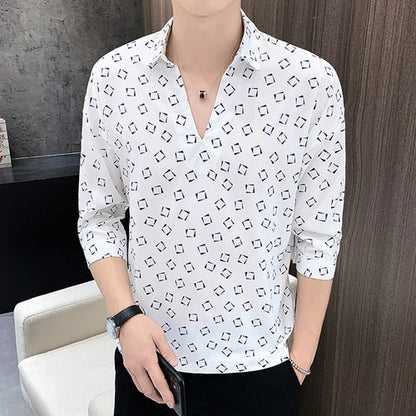 ngland Style Fashion Print Shirt Men Summer Men Three Quarter Sleeve Luxury Shirt Casual Loose Shirts