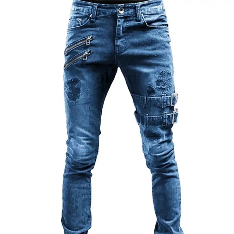 Men Slim Biker Ripped Long Denim Trousers Skinny Jeans Pocket Side Straps and Zips Male Jogging Pants Destroyed Stretchy Pants