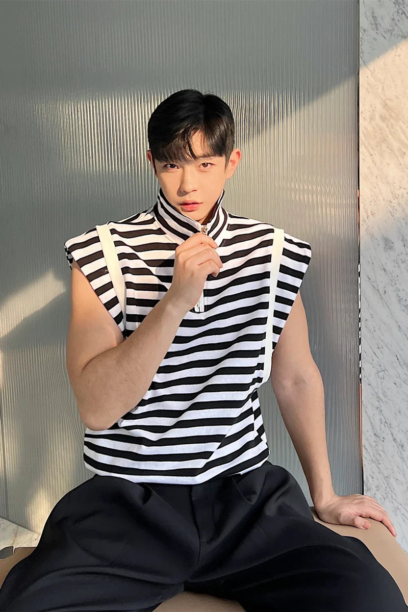 saferido Fashion Korean Summer Casual Men's Turtleneck Striped Vest New Loose Top Personality Half Zipper Sleeveless T-shirt Trend