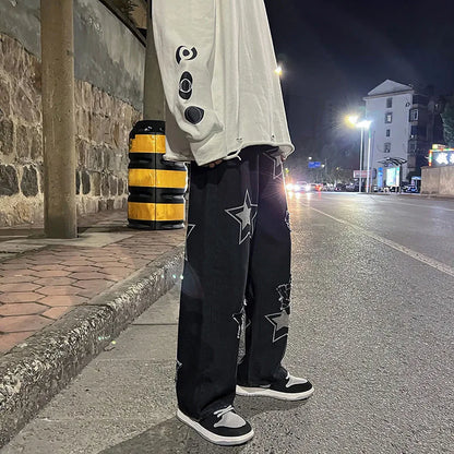 saferido Men Jeans Stars  2024 New Spring Vintage Y2K Simple Casual Loose Fashion Straight Wide Leg Oversize Pants Male Hip Hop Trousers