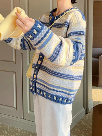 saferido Vintage Cardigan Sweater Men Blue Long Sleeve Striped Sweater Coat V-neck Casual Knitted Jumpers Male Korean Clothes