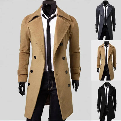 saferido Autumn Winter Men Long Trench Coat Double-breasted Solid Color Simple Mid-Length Windproof Thick British Fashion Slim Jacket