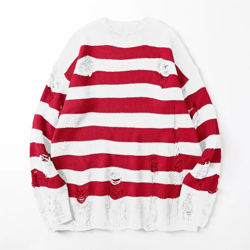 Striped Sweaters Punk Unisex Sweater Autumn Hollow Out Hole Broken Jumper Loose Oversized Pullouvers Harajuku Streetwear