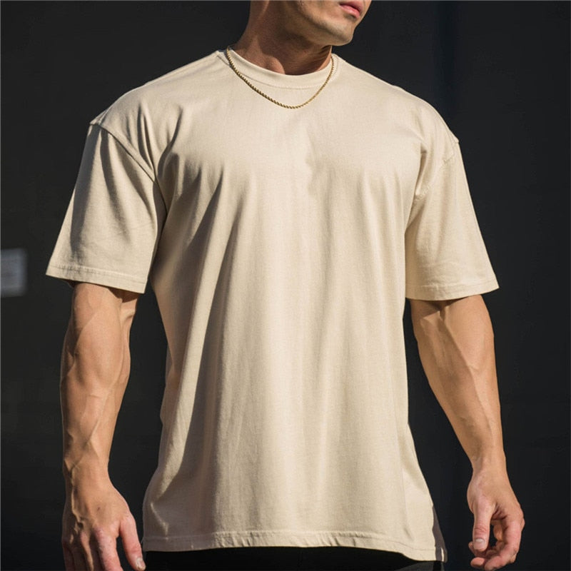 Men Gym Workout Fitness cotton Short Sleeve T-shirt Hip Hop Fitness Summer Oversized Bodybuilding Tops Sports Tees