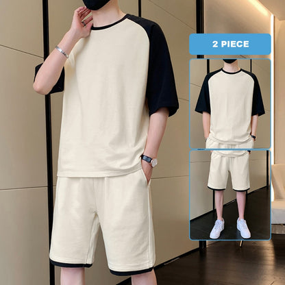 Korean Fashion 2 Piece Set Men Summer Clothes Patchwork Tracksuits Men Sports Wear Streetwear Outfits Men Clothing Pure Cotton