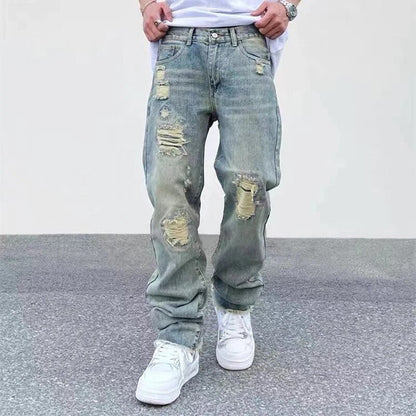 Street Wash Worn Cut Jeans Men's Summer Fashion Loose Straight Pants Traf Fall Guys