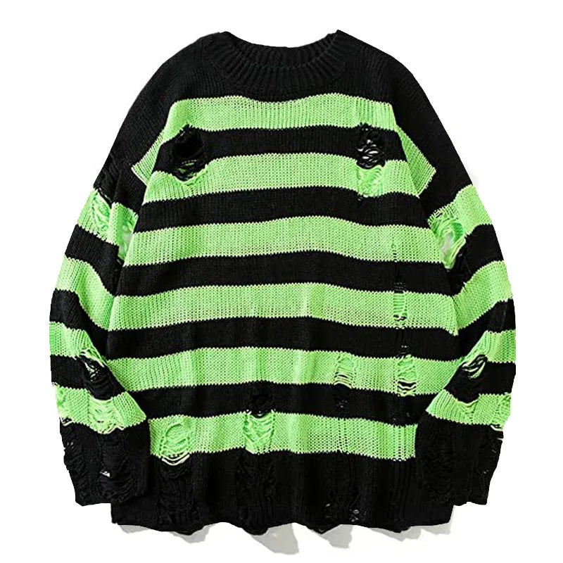 Striped Sweaters Punk Unisex Sweater Autumn Hollow Out Hole Broken Jumper Loose Oversized Pullouvers Harajuku Streetwear