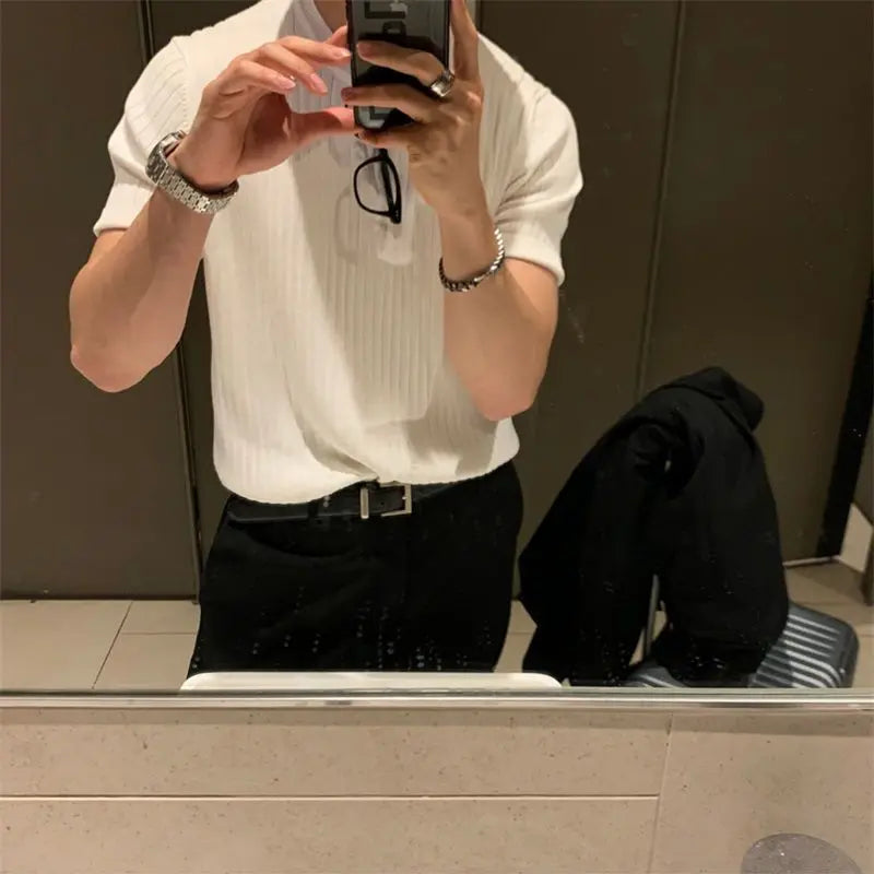 Spring Men's Clothing T Shirt for Men Short Sleeve Knitted Stretch Korean Style Solid Color Retro Summer Slim Fit Men's Top