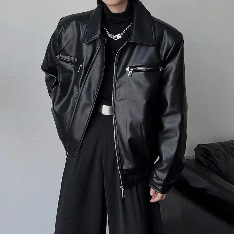 saferido 90s Streetwear Short Black Top Jacket for Spring and Autumn Men's Casual Lapel Thin Motorcycle Leather Jacket