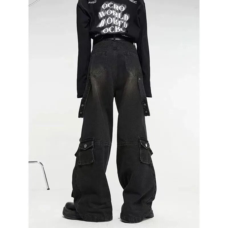 Cargo Jeans Pants Men Oversize Wide Leg Denim Trousers Male Black Design Japanese Streetwear Hip Hop Pocket Safari Style