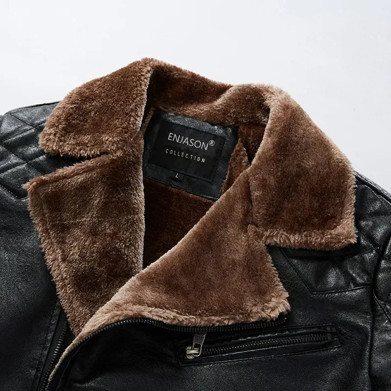 Fashion Warm Winter Men's Leather Jacket with Fur Collar Thicken Fleece Motorcycle Coat Casual Faux Leather Locomotive Jacket