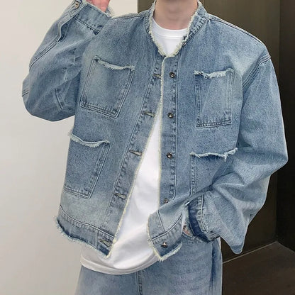 Men's Casual Washed Denim Jacket Streetwear Ripped Stand Collar Texture Korean Harajuku Retro Long Sleeve Luxury Coat New