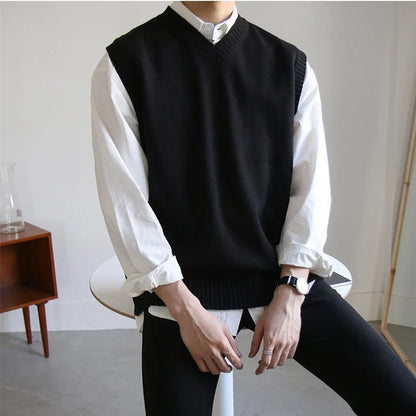 New Mens Sweater Vest Spring Sleeveless Loose Solid Color Simple V Neck Sweater Men Korean Fashion Harajuku Pullover Vest