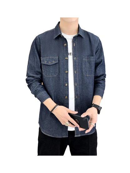 saferido Denim Shirt for Men Jeans Cotton Long Sleeve Blue Blazer Button Up Y2K Casual Spring Summer Cardigan Loose Fashion  Black Coat