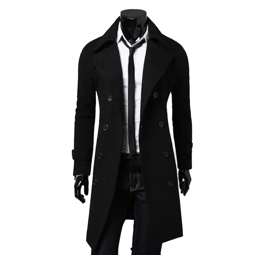 saferido Autumn Winter Men Long Trench Coat Double-breasted Solid Color Simple Mid-Length Windproof Thick British Fashion Slim Jacket