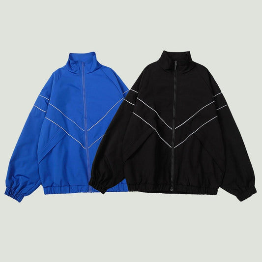 Hip Hop Reflective Striped Jackets Mens Harajuku Patchwork Zipper Windbreaker Streetwear Casual Loose Varsity Coats Unisex Blue