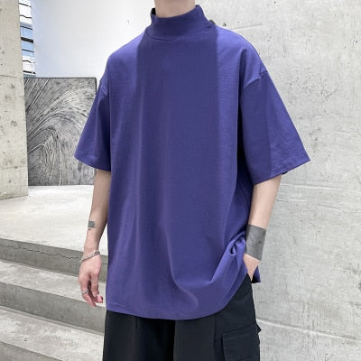 Mens Streetwear Turtleneck Tshirt Men Solid Color Male Oversized Hip Hop T Shirt Man Casual Short Sleeve T-shirts Tops Tees