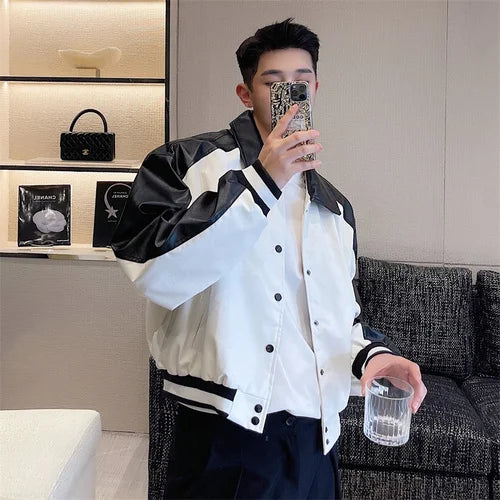 saferido Korean Street Dress Hip Hop Spring Autumn Black White Design Motorcycle Leather Men's Jacket Jacket Short Baseball Coat