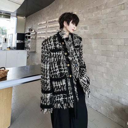 saferido Men's Clothing 2024 Autumn Winter Round Collar Weave Tweed Loose Coat Korean Strretwear Single Breasted Jackets For Male