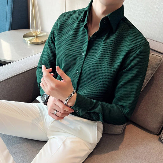 Spring Clothing Men's Korean Casual Luxury Texture Shirts Vintage Turn-down Collar Buttons Solid Color Long Sleeve New