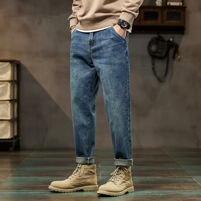 Baggy Jeans Men Harem Pants Loose Fit Wide Leg Vintage Clothes Casual Male Denim Trousers Streetwear Patched Pockets HipHop Kpop