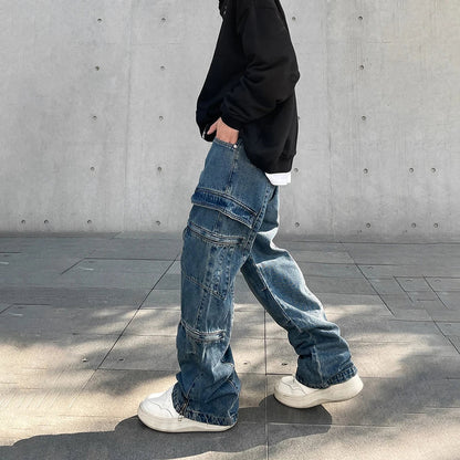 Cargo Jeans Men Big Pocket Loose Autumn Vaqueros Pantalones Hombre Streetwear Casual Blue Trousers Y2k Baggy Winter Denim Pants