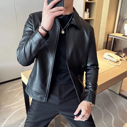 saferido Men's Motorcycle Leather Jacket Large Size Pocket Black Zipper Lapel Slim Fit Male Spring Autumn High Quality PU Coat