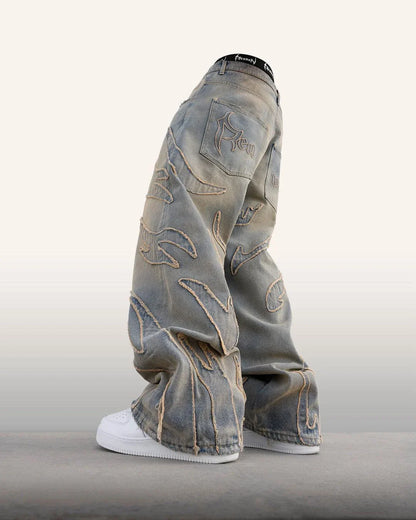 Street Retro Raw Edge Embroidery Baggy Jeans for Men Fashion Hip Hop Pattern Women Patchwork High Waisted Denim Pants Y2k