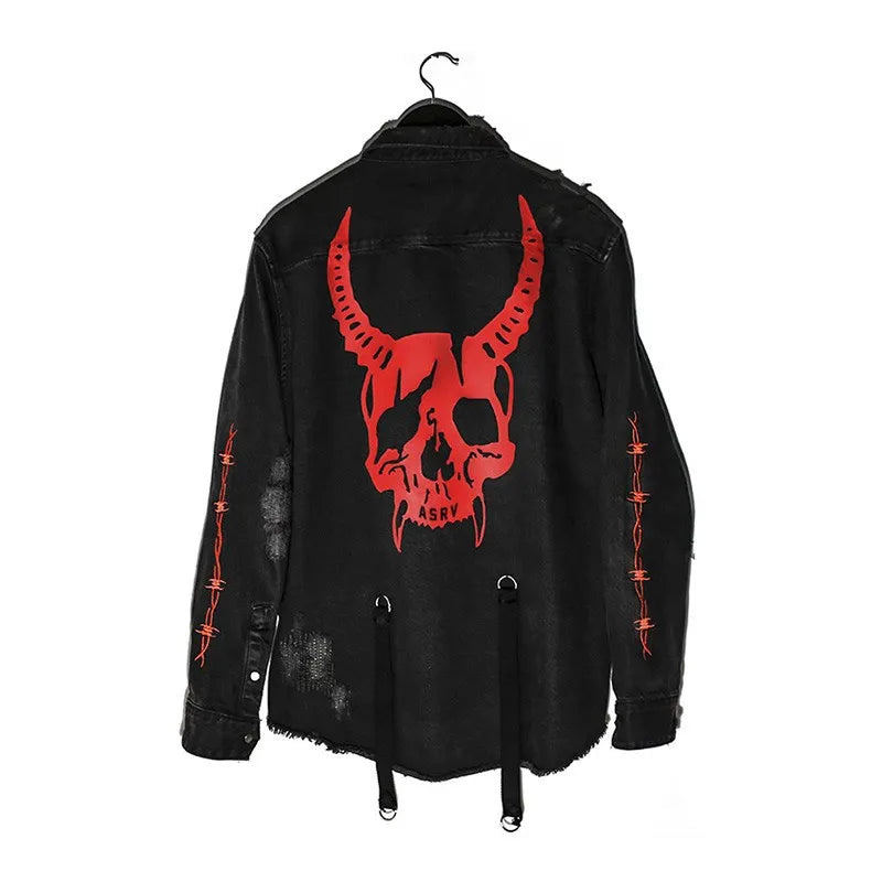 saferido Men'S Trendy Spring And Autumn Gothic Style Lapel Cardigan Jacket Denim Top Jacket Skull Long Sleeve Jacket