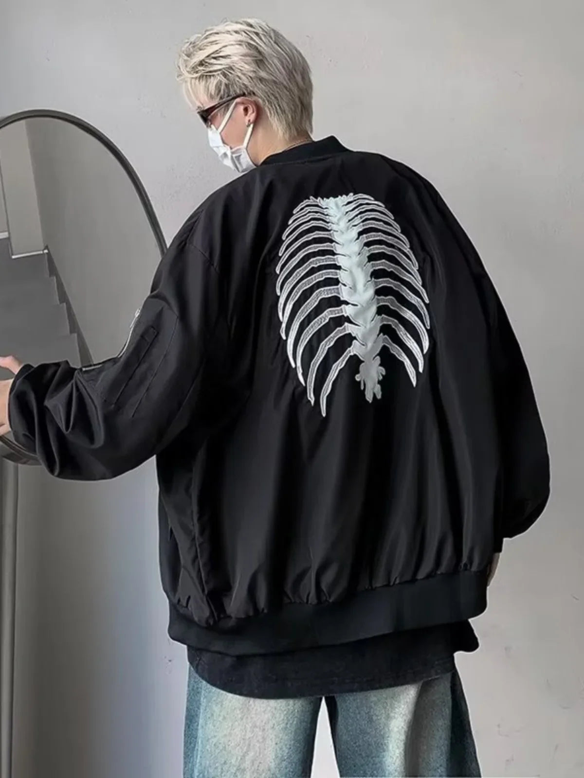 saferido American High Street Hiphop Skeleton Embroidered Baseball Coat Men's Autumn Fashion Brand Dark Black Pilot Jacket fall