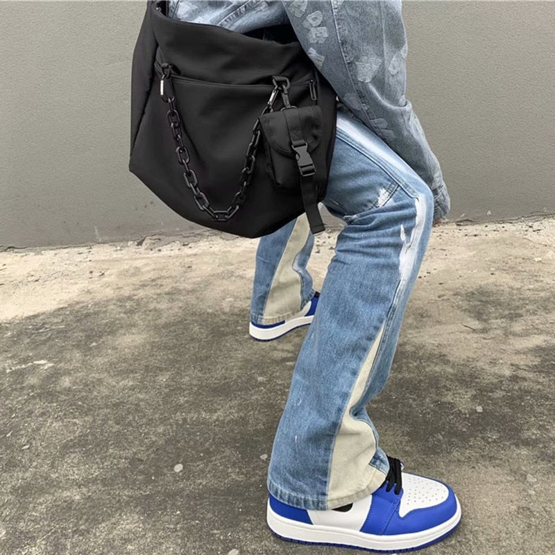 Y2K Patchwork Washed Blue Baggy Flare Jeans Pants Men Clothing Straight Loose Vintage Old Denim Trousers Pantalones Hombre