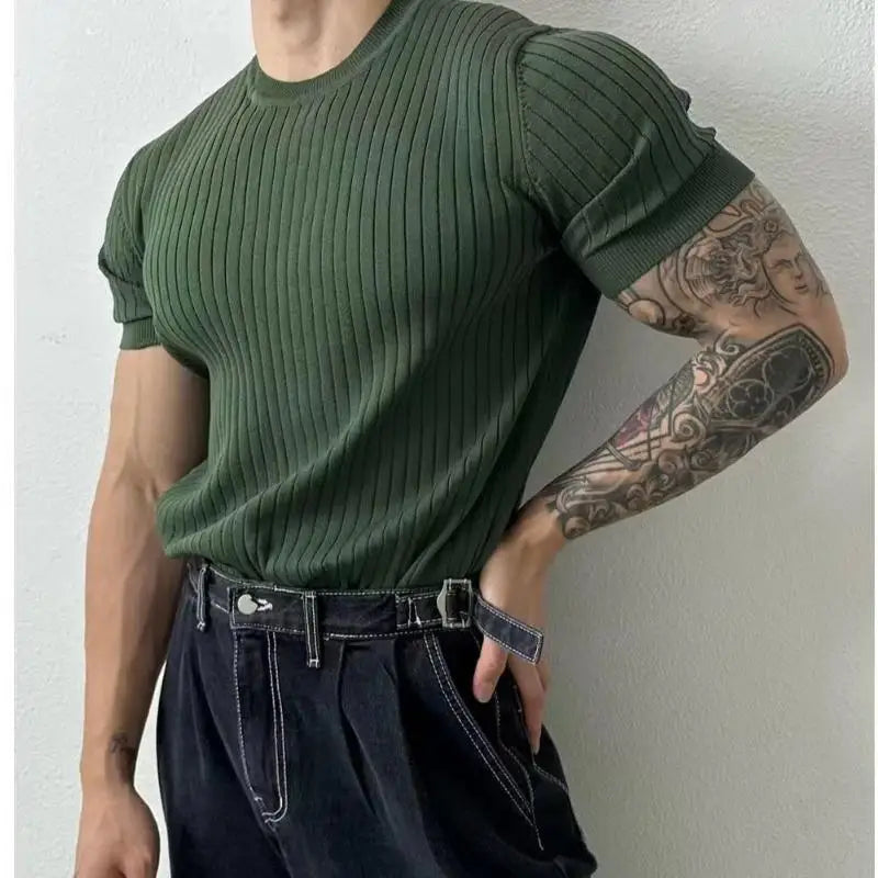 Summer New Men Thin Knitted T Shirts Slim Fit Elastic Short Sleeve O Neck Tee Fashion Solid Color Ribbed Muscle T-shirt Male