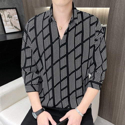 ngland Style Fashion Print Shirt Men Summer Men Three Quarter Sleeve Luxury Shirt Casual Loose Shirts