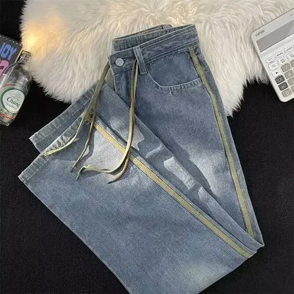 saferido American Retro Drawstring Jeans Men's High Street Causal Loose Straight Draping Wide Leg Pants Men Trousers Male