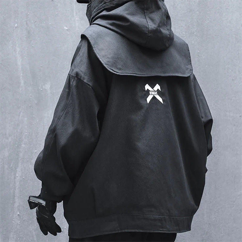 saferido Men's Harajuku Oversize High Hip-hop Multifunctional Street Style Cloak Hooded Jacket Loose Functional Zipper Jacket