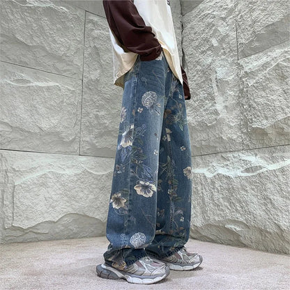 Mens Fashion Printed Jeans Spring Floral Denim Mopping Trousers Korean Style High Street Loose Hip Hop Wide-leg Jean Pants