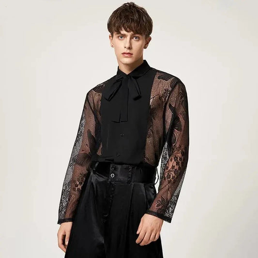 Tops American Style New Men Fashion Solid Ribbon Blouse Male Stitching Butterfly Lace Long Sleeve Thin Shirts S-5XL