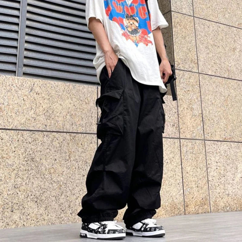 saferido Elastic Waist Big Pocket Cargo Pants Men Streetwear Spring Autumn Wide Leg Joggers Solid Color Oversize Baggy Pants Women